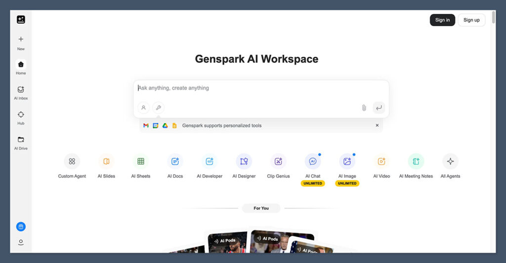 Genspark AI interface showing Sparkpage generation and search results for a financial query